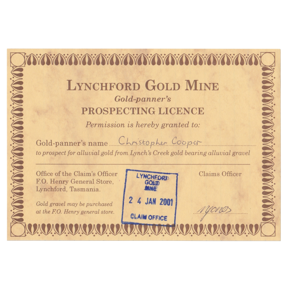 A fictional gold-panner's license.