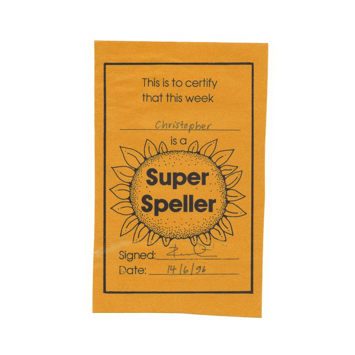 Super speller certificate.