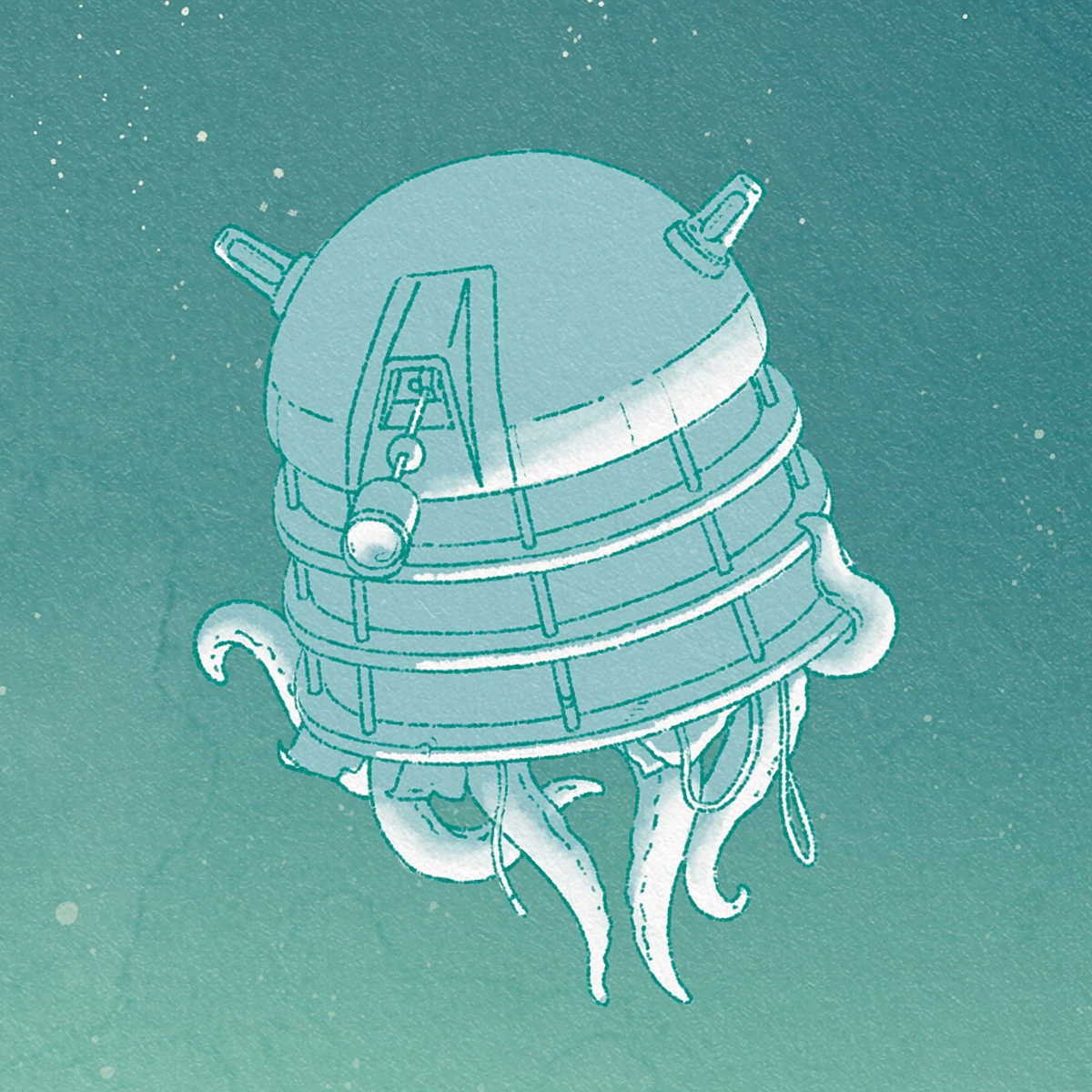 An illustration of a Doctor Who Dalek head, with a clue to what lies within.
