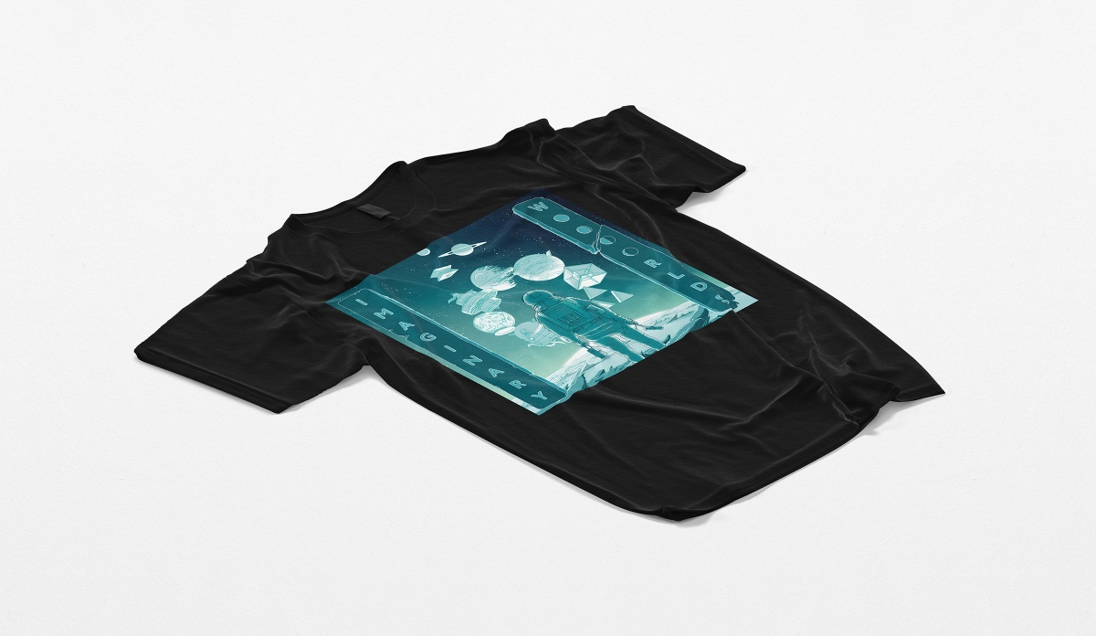A black t-shirt with the Imaginary Worlds illustration.