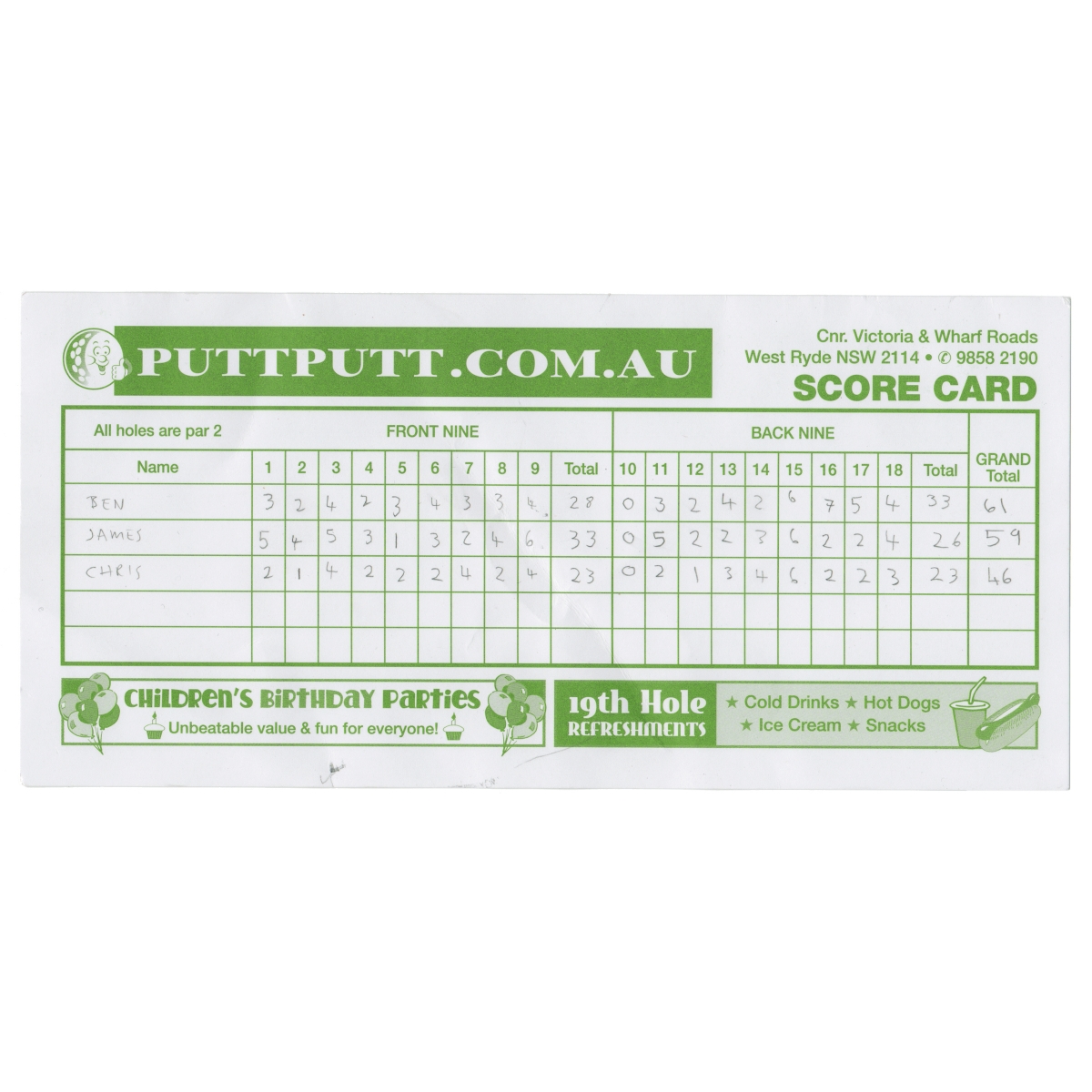 Put put golf score card.