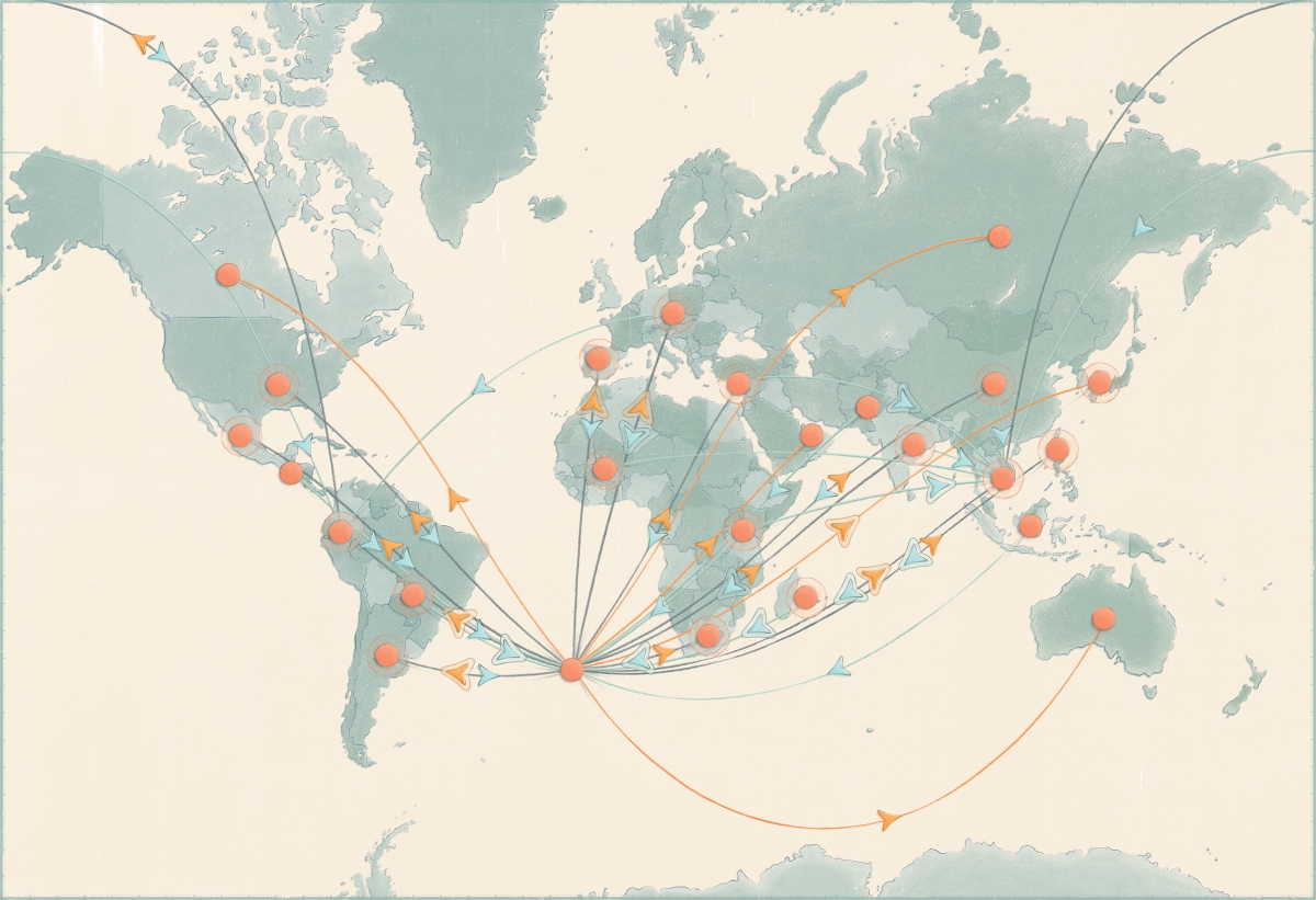An illustrated map of the world, showing an example of Source Map supply chains.